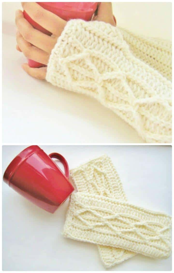 Crochet Adeline guantes sin dedos o calentadores de brazos, patrón de ganchillo fácil con cables de imitación - patrón gratuito