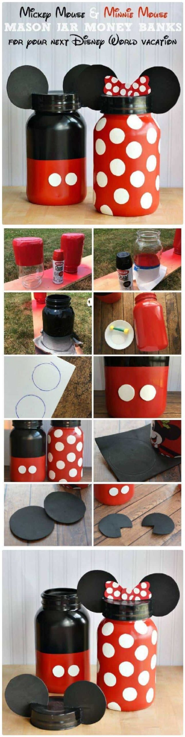 DIY Adorable Minnie y Mickey Mouse Mason Jar Money Banks