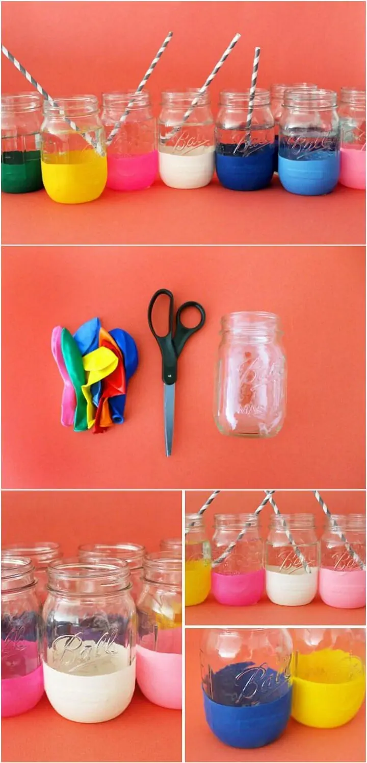 Frascos de albañil sumergidos en globos coloridos de bricolaje para niños