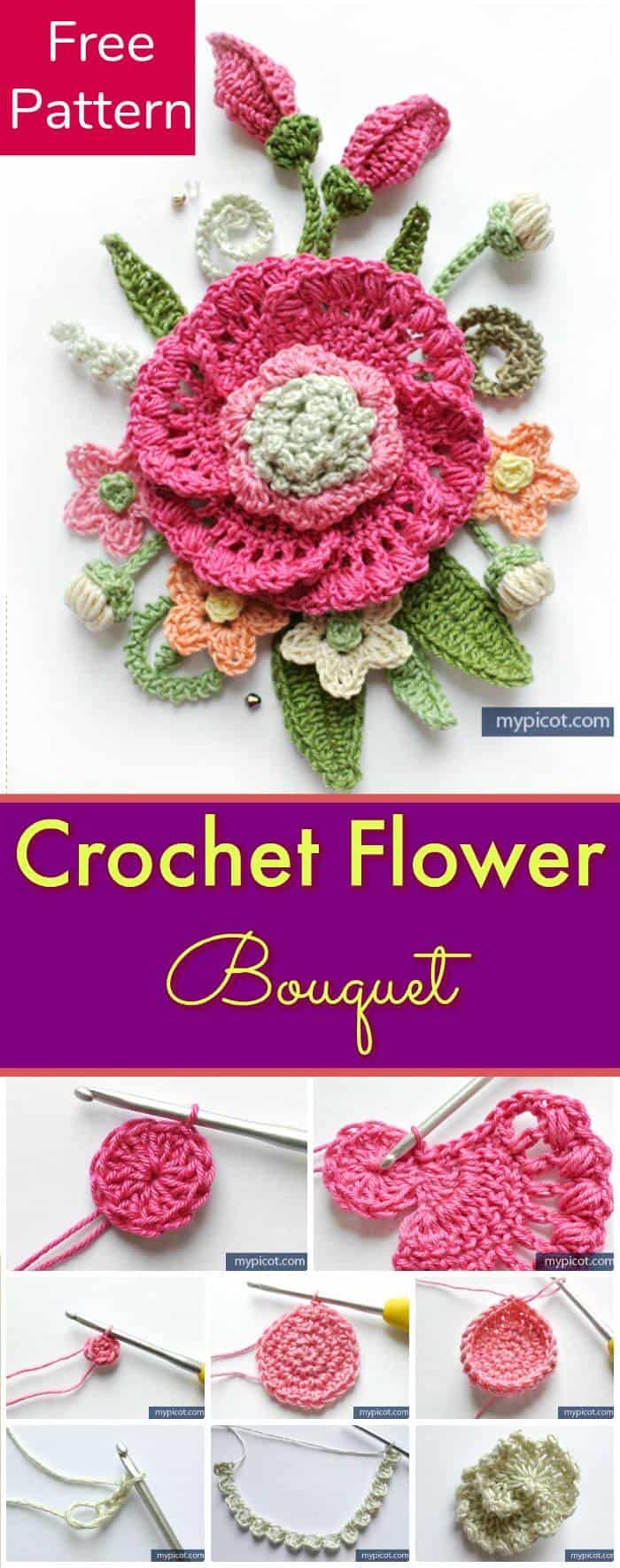 DIY Crochet Flower Bouquet-Free Crochet Pattern, tutoriales de flores de ganchillo DIY!