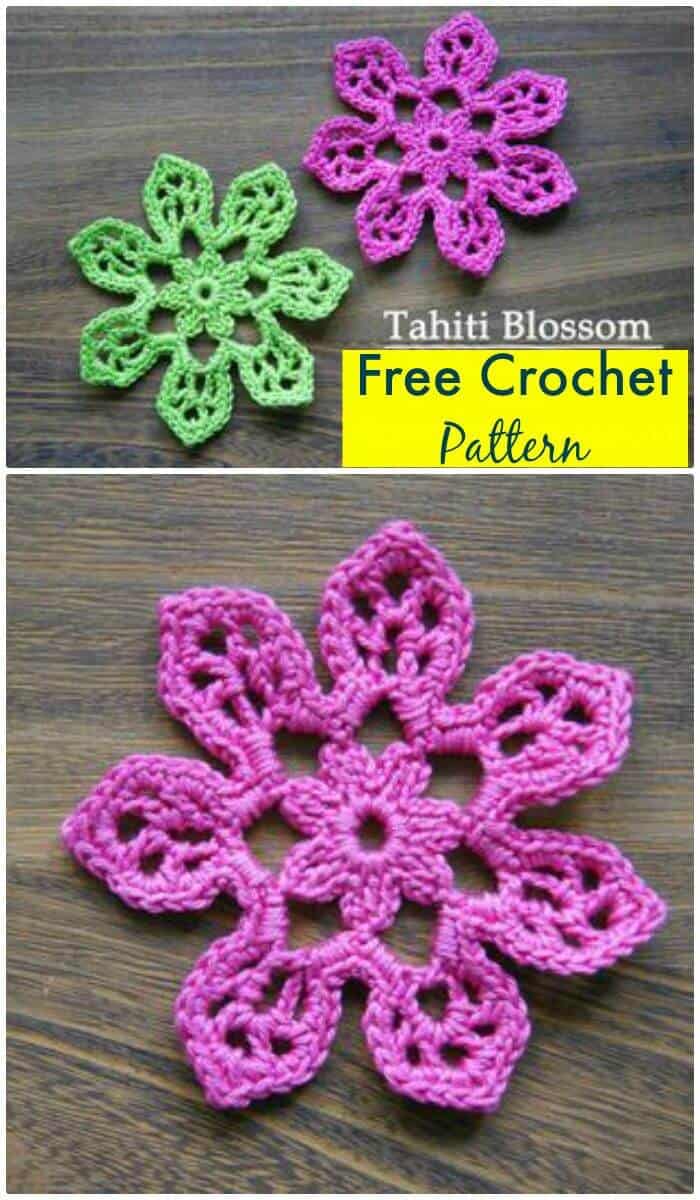 DIY Crochet Flower Free Pattern-Tahiti Blossom, ¡flores de ganchillo fáciles para principiantes con patrones gratuitos!