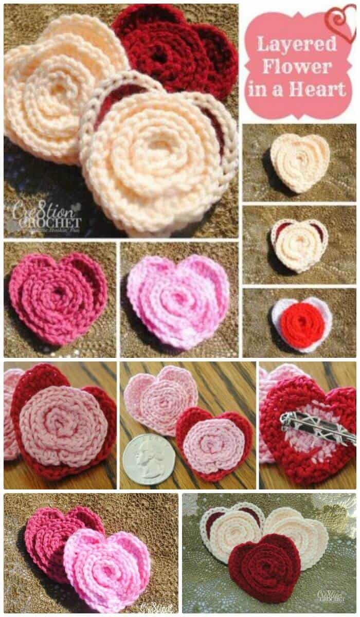DIY Crochet Flower In A Heart, tutoriales sencillos de flores de ganchillo paso a paso.  Patrones de flores de ganchillo fáciles!