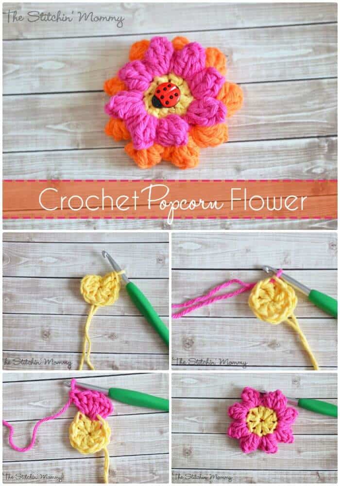 DIY Crochet Popcorn Flower - Patrón gratuito, proyectos de bricolaje sobre cómo tejer flores a ganchillo.