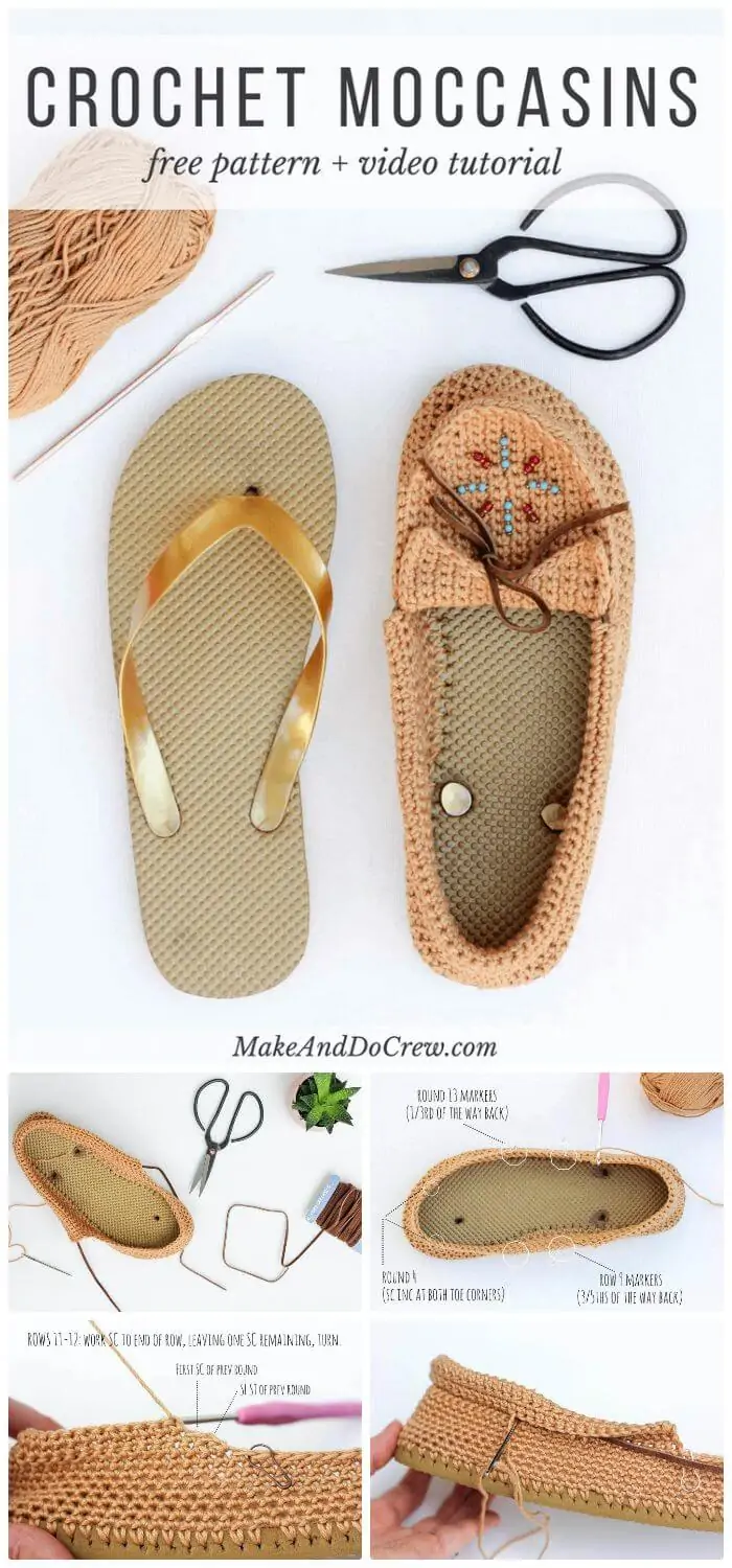 Zapatos de ganchillo de bricolaje con suelas de chanclas: patrón de mocasín gratis, chanclas de ganchillo en patrón sin zapatos