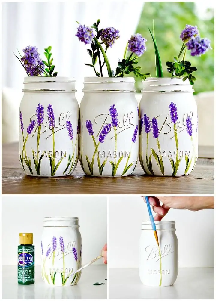 Frascos de albañil pintados con flores de lavanda DIY