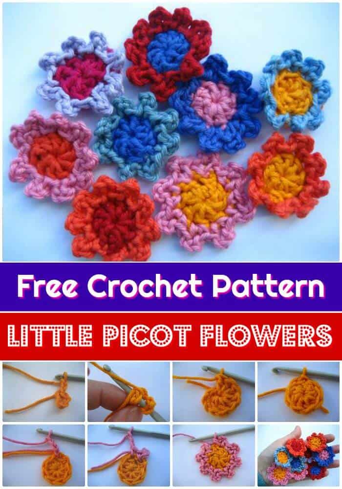 DIY Little Picot Flowers Patrón de ganchillo gratis, patrones de flores de ganchillo gratis para sombreros.  ¡Tutoriales de flores de ganchillo de bricolaje!