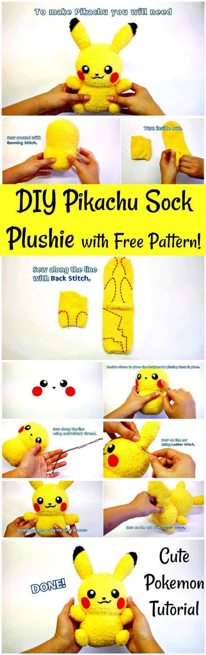 Peluche de calcetín de Pikachu DIY con patrón gratuito