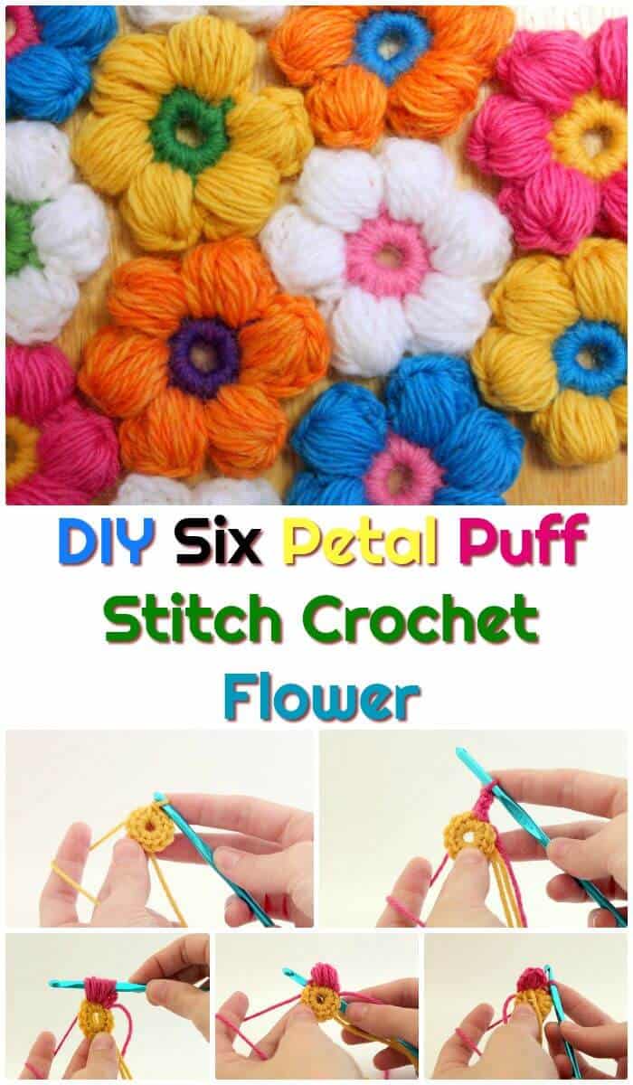 DIY Six Petal Puff Stitch Crochet Flower, ¡Patrones de ganchillo fáciles y rápidos gratis para hermosas flores!