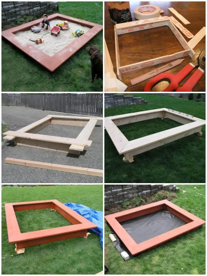 Caja de arena de madera para bricolaje con asientos - Planos gratuitos