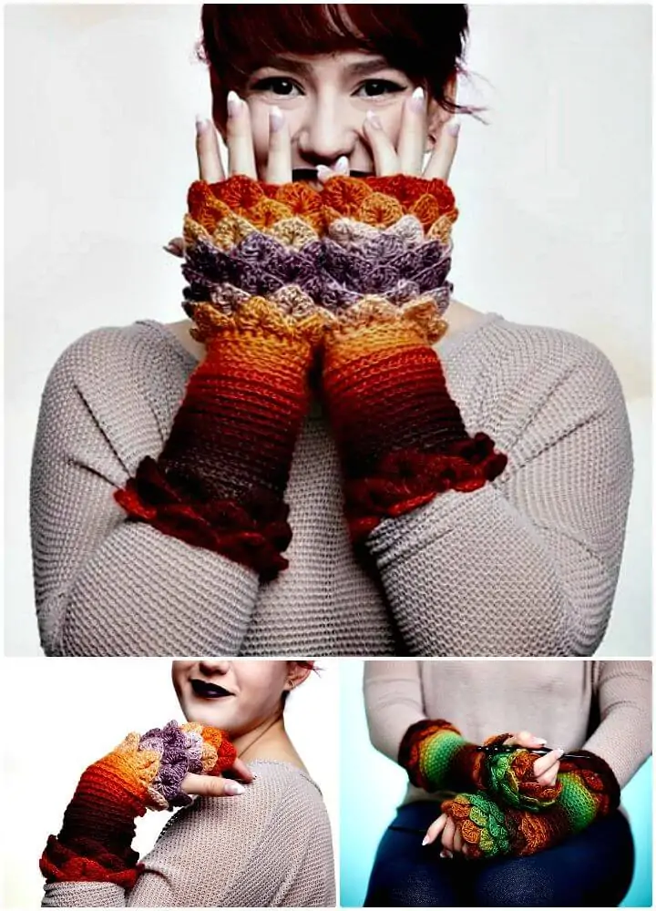 Guantes de crochet sin dedos con puntada de cocodrilo - patrón gratuito