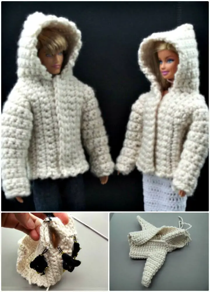 Chaqueta con capucha de ganchillo fácil y gratis para un patrón de muñeca de moda de 11.5 ″