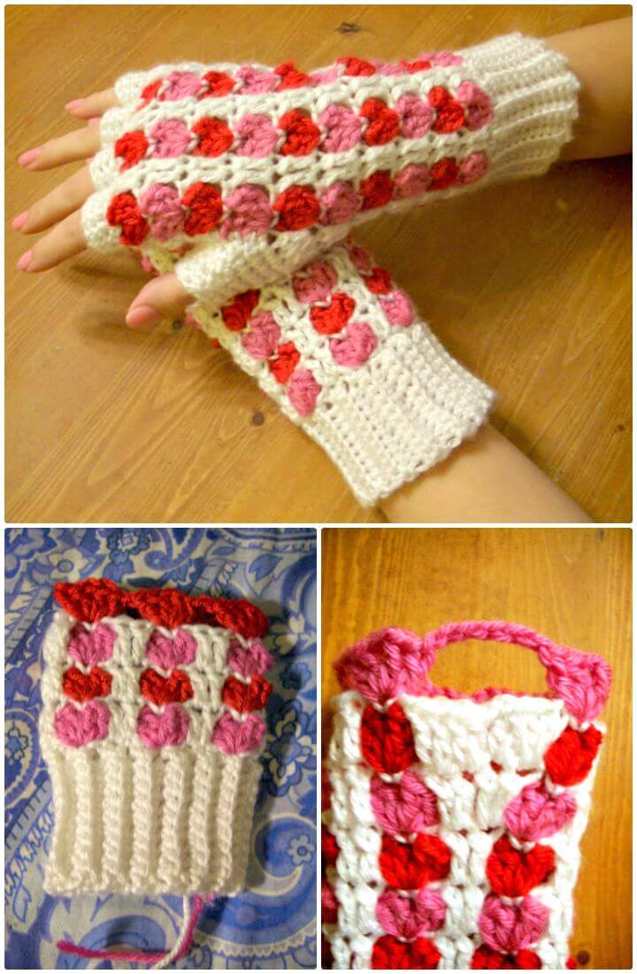 Crochet Scrap Heart Finger Less Guantes - Patrón gratuito