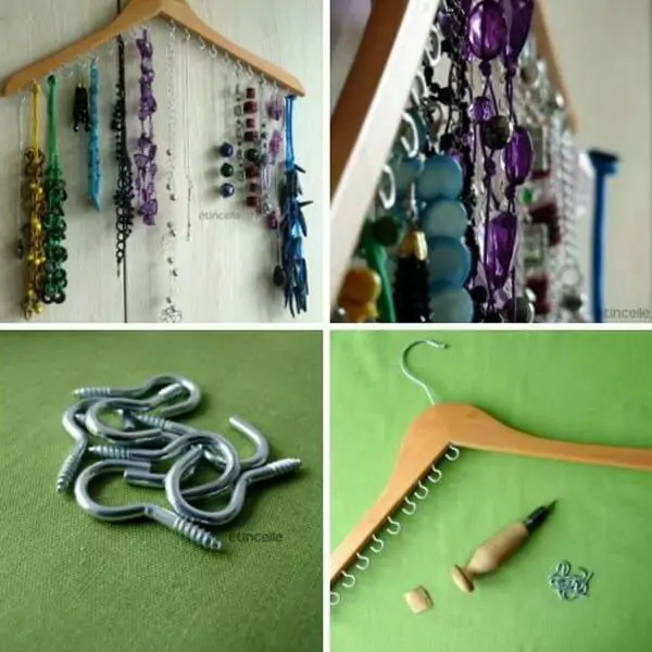 percha de tela reutilizada en organizador de joyas